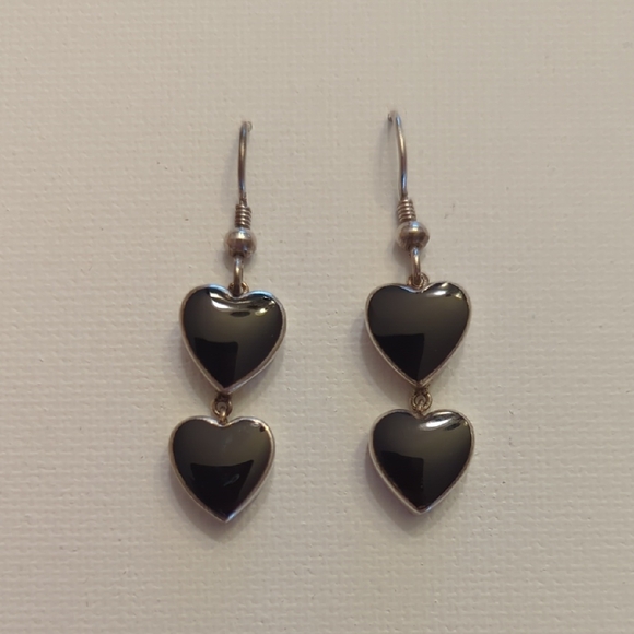 Vintage Sterling Silver Black Heart Dangle Earrings - Picture 1 of 3